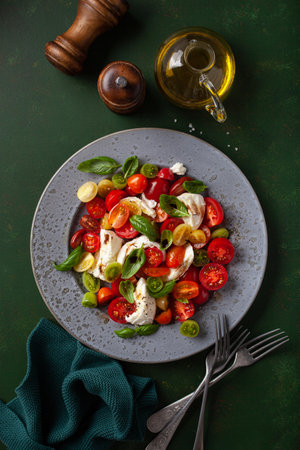 healthy colorful tomato mozzarella basil salad with balsamic vinegar dressingの写真素材