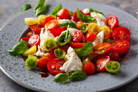 healthy colorful tomato mozzarella basil salad with balsamic vinegar dressingの写真素材