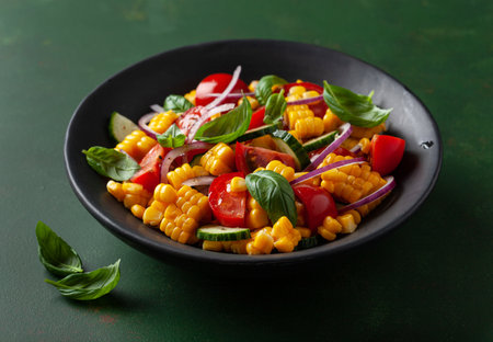 healthy vegetarian tomato sweet corn salad with cucumber and basilの写真素材