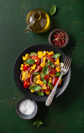 healthy vegetarian tomato sweet corn salad with cucumber and basilの写真素材