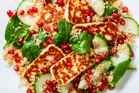 healthy halloumi cheese and couscous salad with cucumber spinach pomegranate hummusの写真素材