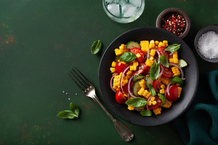 healthy vegetarian tomato sweet corn salad with cucumber and basilの写真素材