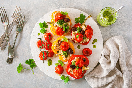 stuffed bell peppers with quinoa tomatoes olives and herb sauce chimichurriの写真素材