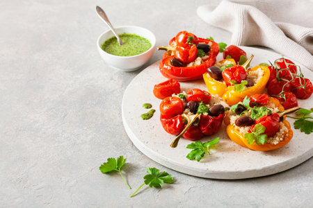 stuffed bell peppers with quinoa tomatoes olives and herb sauce chimichurriの写真素材