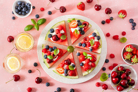 watermelon pizza slices with yogurt and berries, summer dessertの写真素材
