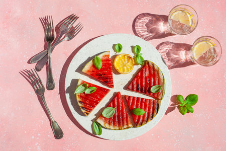 grilled watermelon slices with lemon and basil. summer dessertの写真素材