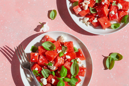 watermelon salad with feta cheese and basil. healthy summer dessertの写真素材