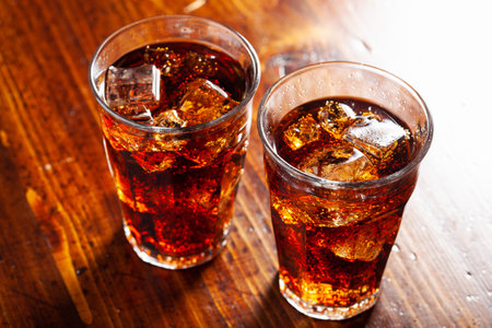 glass of cold cola soft drink with ice on wooden backgroundの写真素材