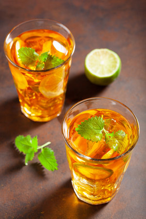 ice tea with lemon and mint herbの写真素材