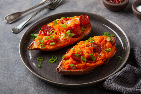 twice baked sweet potato with cheese and chorizo sausageの写真素材
