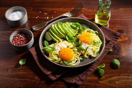 keto low carb breakfast baked spiralized zucchini with eggs and avocadoの写真素材