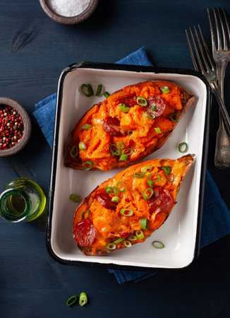 twice baked sweet potato with cheese and chorizo sausageの写真素材
