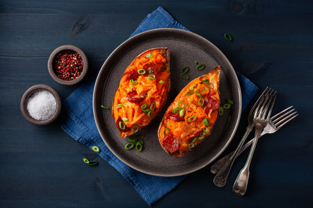 twice baked sweet potato with cheese and chorizo sausageの写真素材