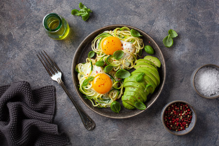 keto low carb breakfast baked spiralized zucchini with eggs and avocadoの写真素材