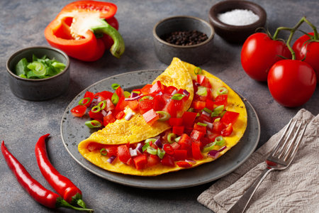 omelette with tomato, bell pepper onion chili and cheese. healthy breakfastの写真素材