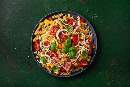 healthy pasta salad with zucchini sweet corn tomato and basil, vegetarian lunchの写真素材