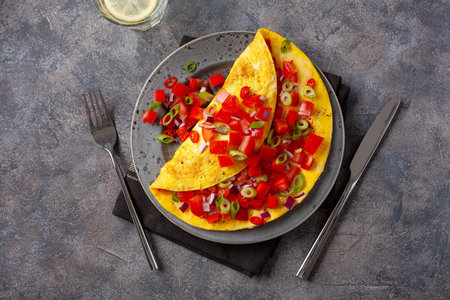 omelette with tomato, bell pepper onion chili and cheese. healthy breakfastの写真素材