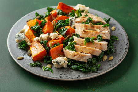 chicken breast with sweet potato, blue cheese and kale. healthy lunchの写真素材