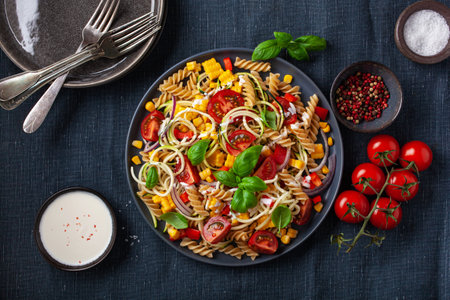 healthy pasta salad with zucchini sweet corn tomato and basil, vegetarian lunchの写真素材