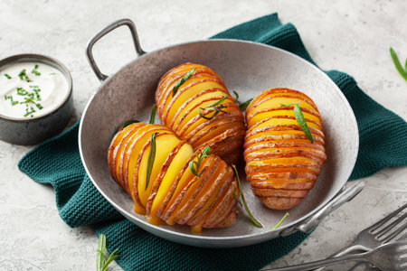 baked hasselback potato with cheddar cheese and rosemaryの写真素材