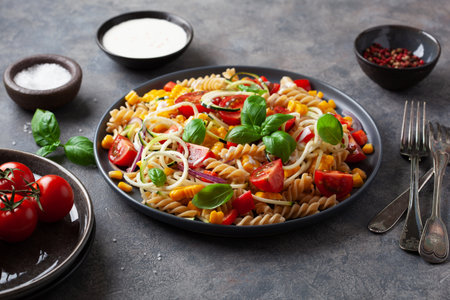 healthy pasta salad with zucchini sweet corn tomato and basil, vegetarian lunchの写真素材