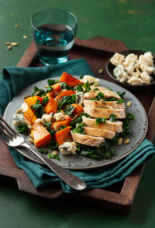 chicken breast with sweet potato, blue cheese and kale. healthy lunchの写真素材