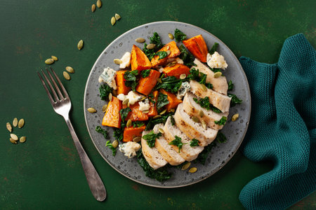 chicken breast with sweet potato, blue cheese and kale. healthy lunchの写真素材
