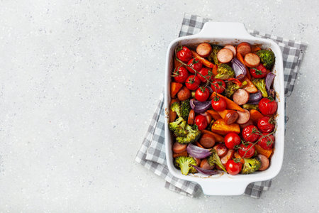 oven baked vegetables and sausages, healthy lunch, sweet potato onion tomato broccoliの写真素材