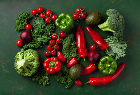 assorted red and green vegetables tomatoes, bell peppers, kale avocadoの写真素材