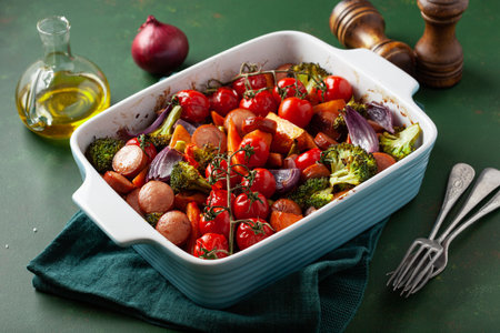 oven baked vegetables and sausages, healthy lunch, sweet potato onion tomato broccoliの写真素材
