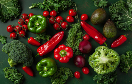 assorted red and green vegetables tomatoes, bell peppers, kale avocadoの写真素材