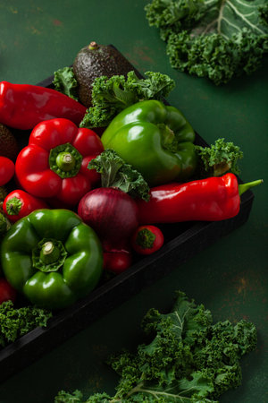 assorted red and green vegetables tomatoes, bell peppers, kale avocadoの写真素材