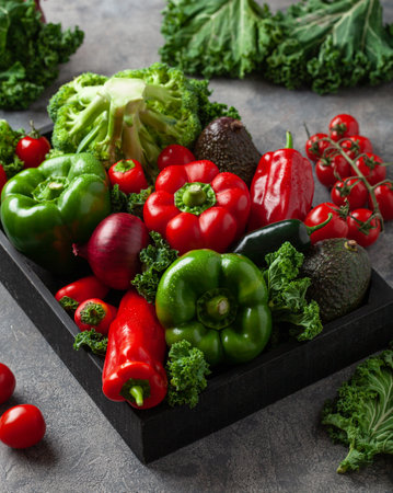 assorted red and green vegetables tomatoes, bell peppers, kale avocadoの写真素材