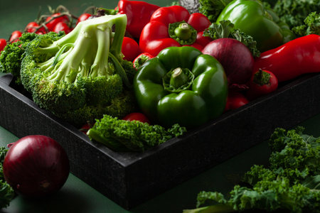 assorted red and green vegetables tomatoes, bell peppers, kale avocadoの写真素材
