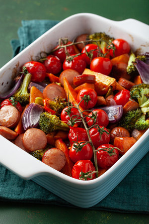 oven baked vegetables and sausages, healthy lunch, sweet potato onion tomato broccoliの写真素材
