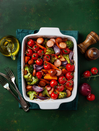 oven baked vegetables and sausages, healthy lunch, sweet potato onion tomato broccoliの写真素材