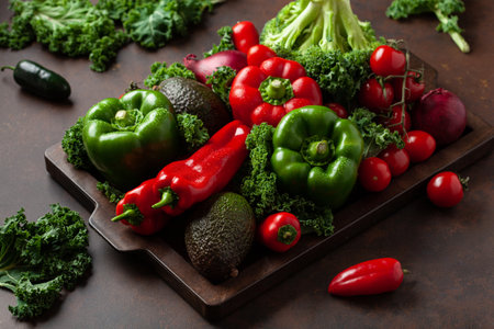 assorted red and green vegetables tomatoes, bell peppers, kale avocadoの写真素材