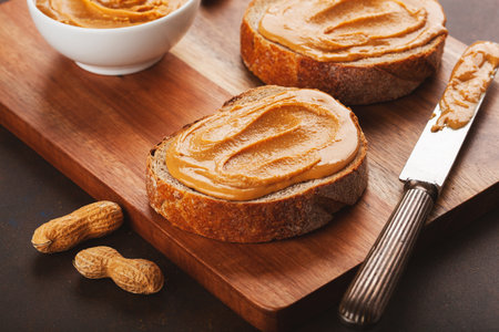 smooth peanut butter bread toast, healthy traditional sandwichの写真素材
