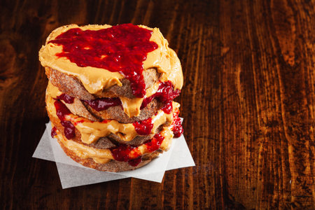 peanut butter and jam sandwich, american traditional bread toastの写真素材