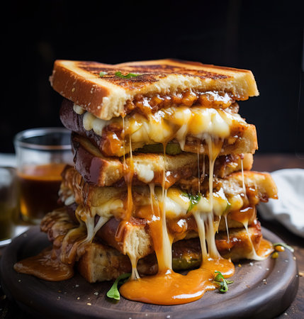 grilled cheese sandwich melting high stack in dark kitchen, Generative AIの素材