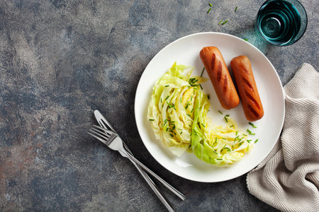 grilled sausages and stewed steamed cabbage with butter, healthy keto mealの写真素材