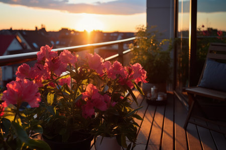 pink flowers on cozy balcony at sunset, Generative AIの素材