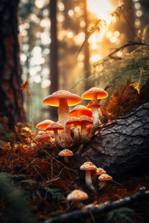 close up of Fly Agaric Amanita muscaria mushroom in the autumn forest, Generative AIの素材