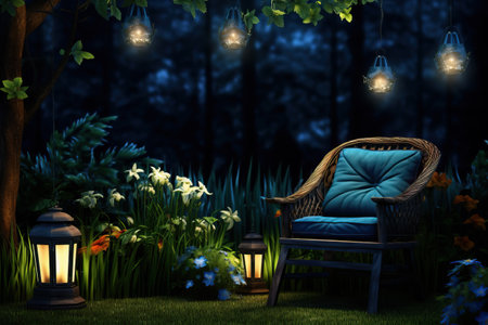 cozy evening garden with chair and lights lanterns, Generative AIの写真素材