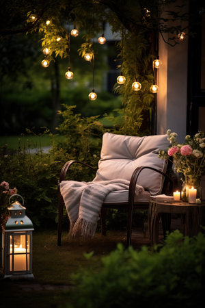cozy evening garden with chair and lights lanterns, Generative AI