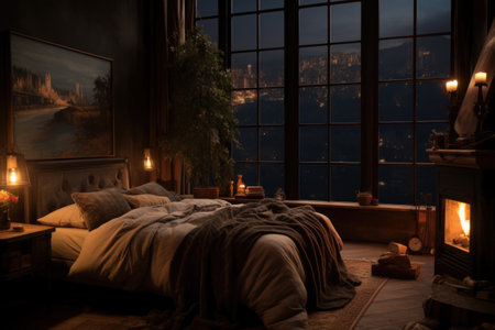 cozy bedroom interior in natural tones, blanket candles fireplace houseplantsの写真素材