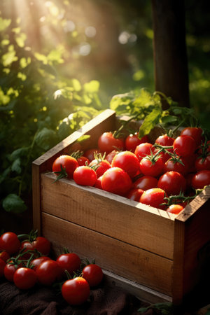 fresh tomatoes in wooden crate in evening garden, Generative AIの写真素材