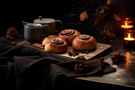 Cinnabon Buns with glaze on wooden background, autumn leaves, Generative AIの素材