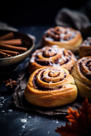 Cinnabon Buns with glaze on wooden background, autumn leaves, Generative AIの素材