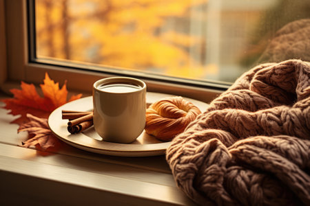 warm cozy window arrangement, autumn concept, coffe, spices throw leavesの素材